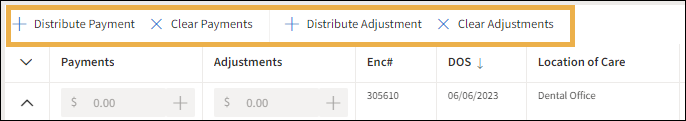 The distribute Payment, clear payments, distribute adjustment, and Clear adjustments options with a yellow highlight box around them.